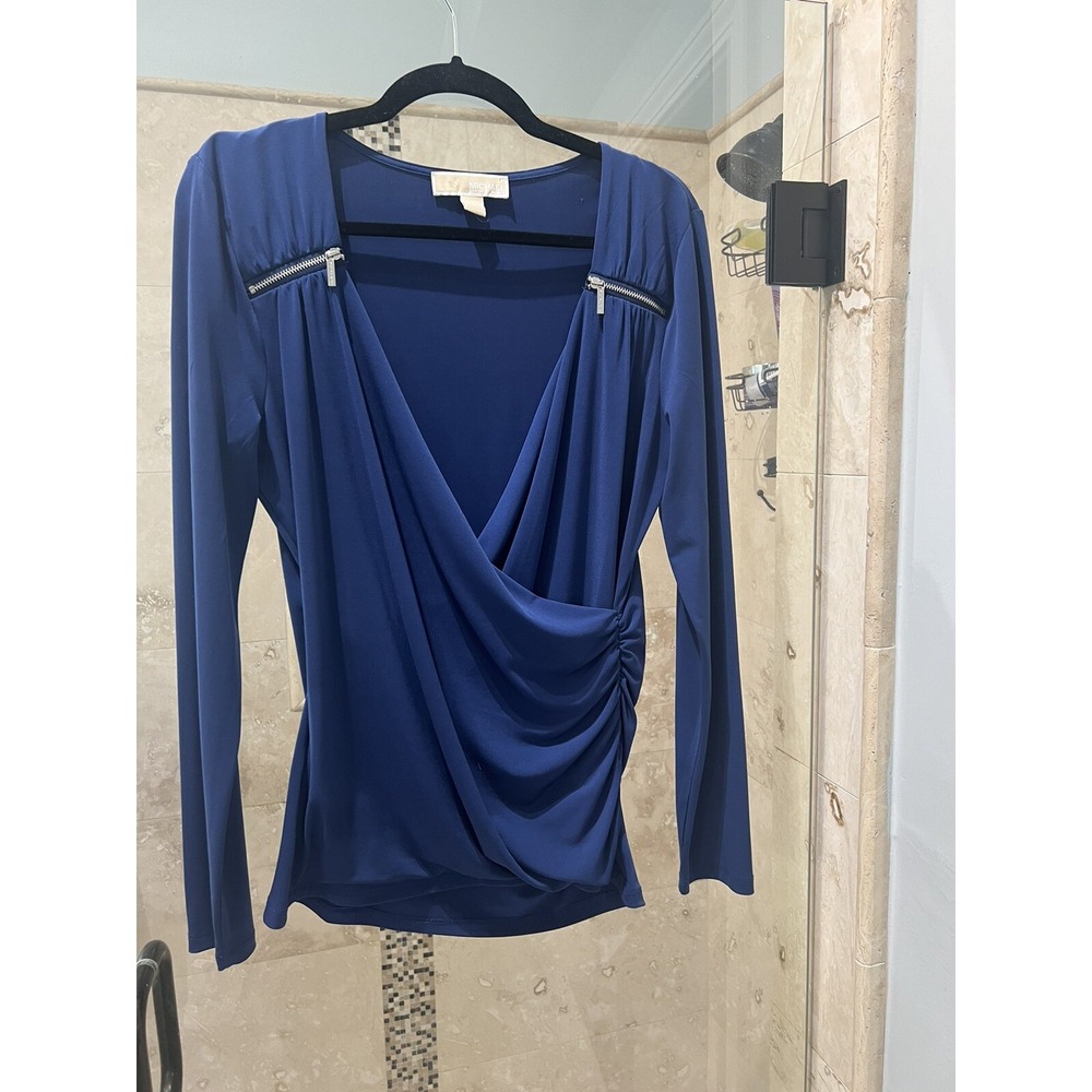 Michael Kors Blue Long Sleeve Tunic Blouse Silver Zipper Mock Wrap Ruched Large